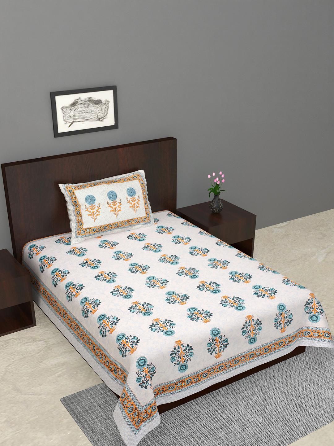 Salgia White & Blue Floral 144 TC Single Bedsheet With Pillow Cover-image-1