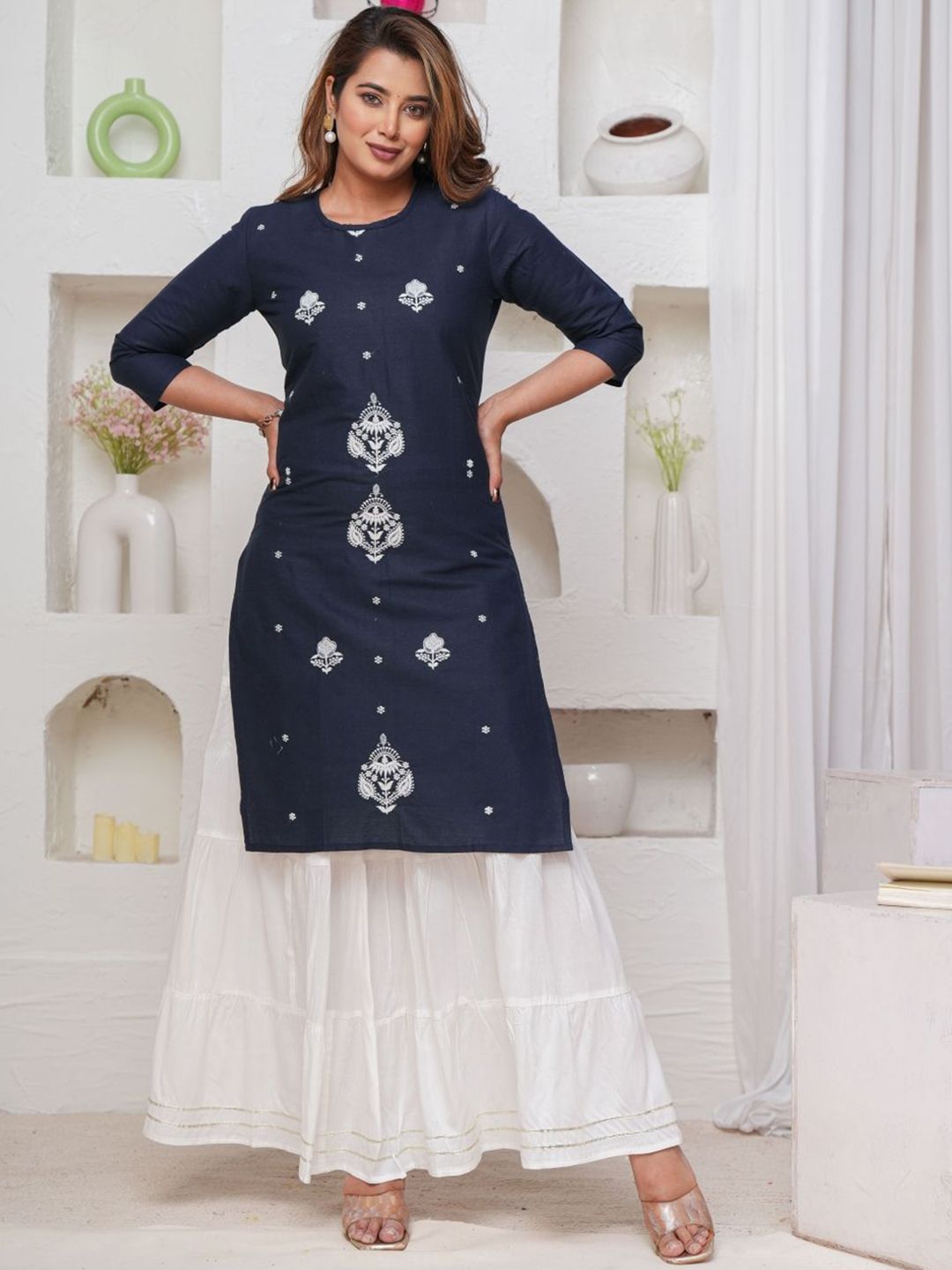 Mehsoos Floral Embroidered Thread Work Pure Cotton Straight Kurta With Skirt