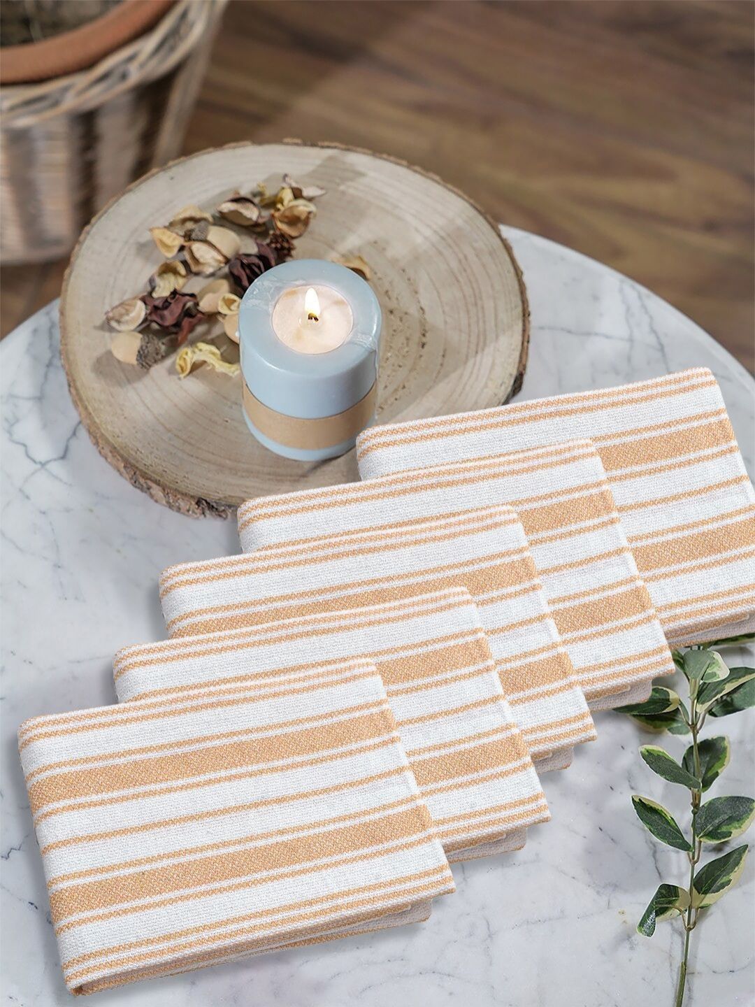 FABINALIV Set Of 5 Yellow & White Striped 300 GSM Cotton Hand Towels-picture-11