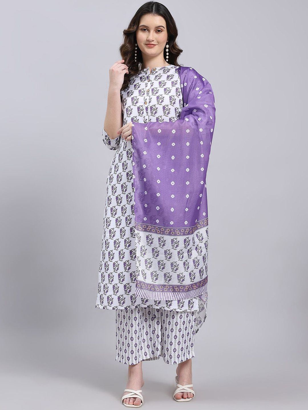 THE FAB FACTORY Floral Printed Band Collar Straight Kurta With Trousers & Dupatta