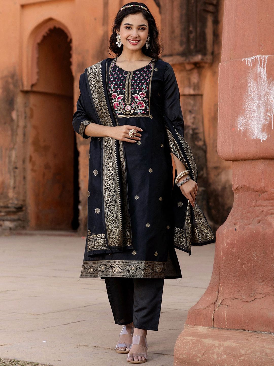 NIZA FASHION Floral Printed Gotta Patti Art Silk Kurta With Trousers & Dupatta