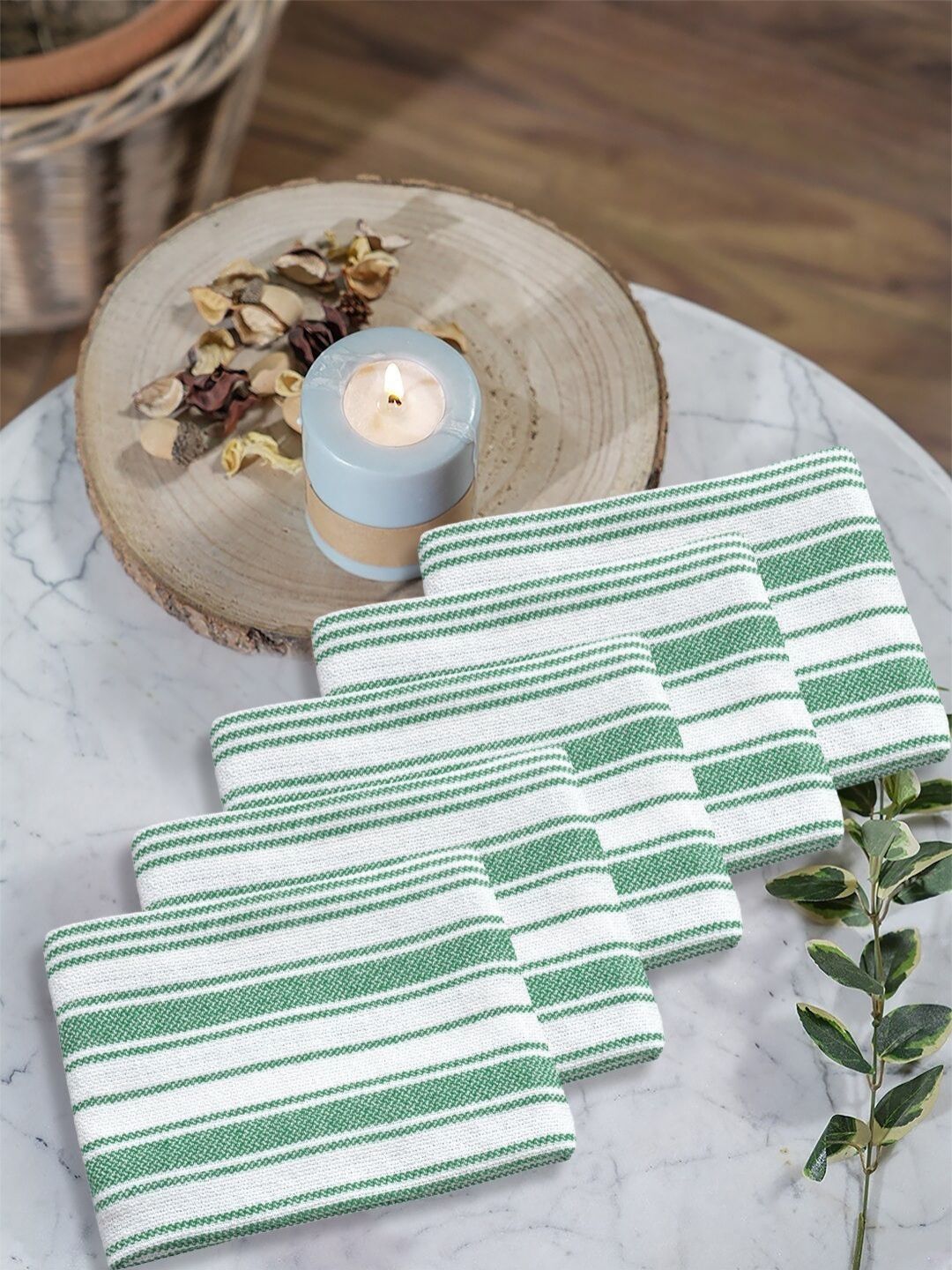 FABINALIV Set Of 5 Green & White Striped 300 GSM Cotton Hand Towels-picture-15