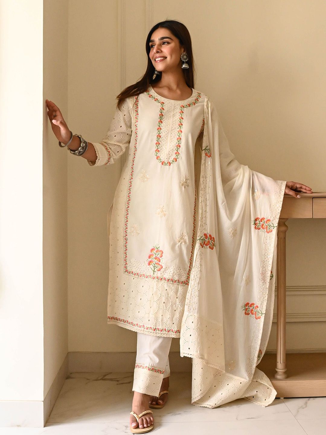 Bunaai Vanya Floral Embroidered Thread Work Kurta With Trousers & Dupatta