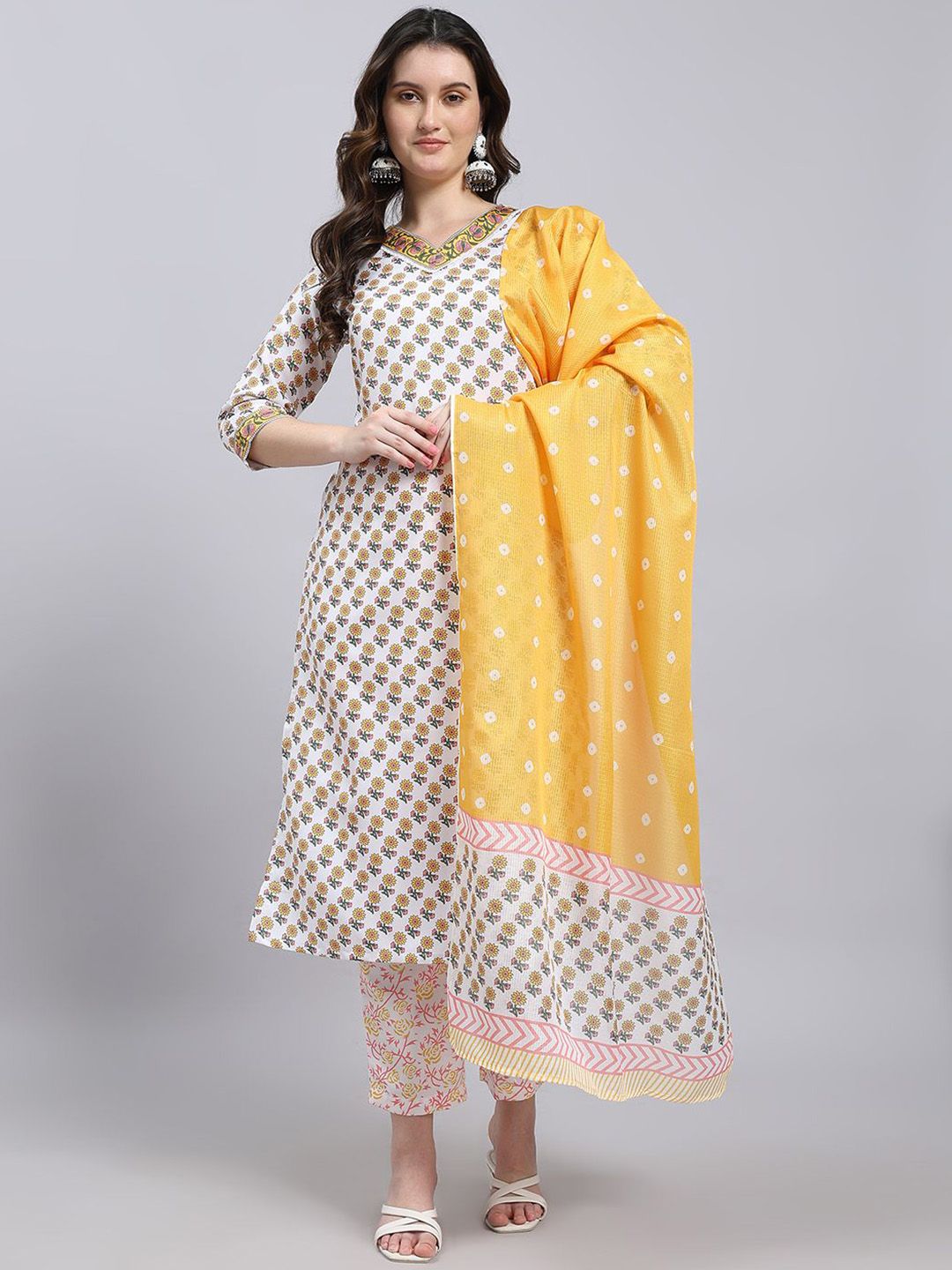 THE FAB FACTORY Floral Printed V-Neck Straight Kurta With Trouser And Dupatta
