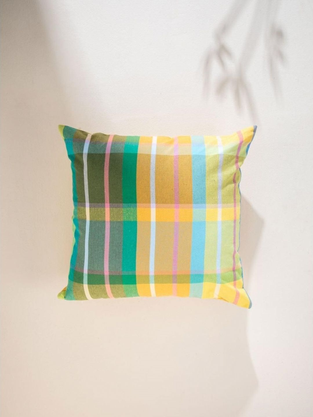 FREEDOM TREE Madras Yellow & Blue Checked Cotton Square Cushion Cover-image-43