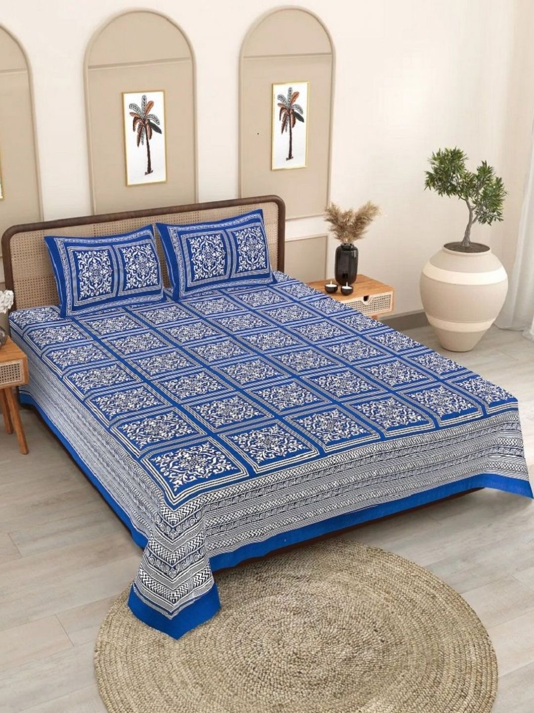 INDHOME LIFE Blue & White Ethnic Printed 186 TC Cotton Queen Bedsheet Set 2.08 m x 2.28 m-picture-37