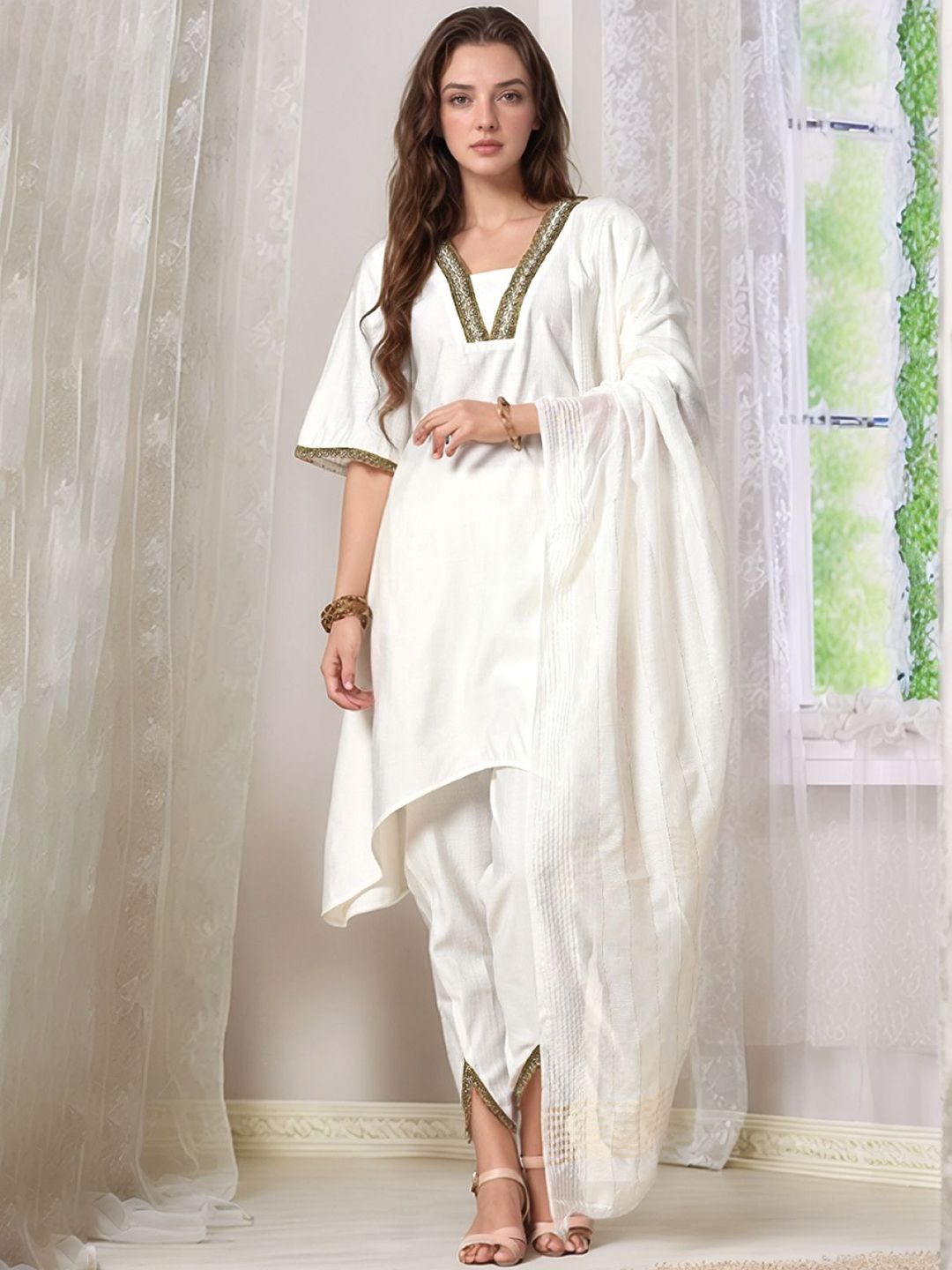 Sangria V-Neck Beads & Stone Work A-Line Kurta With Dhoti Pants & Dupatta