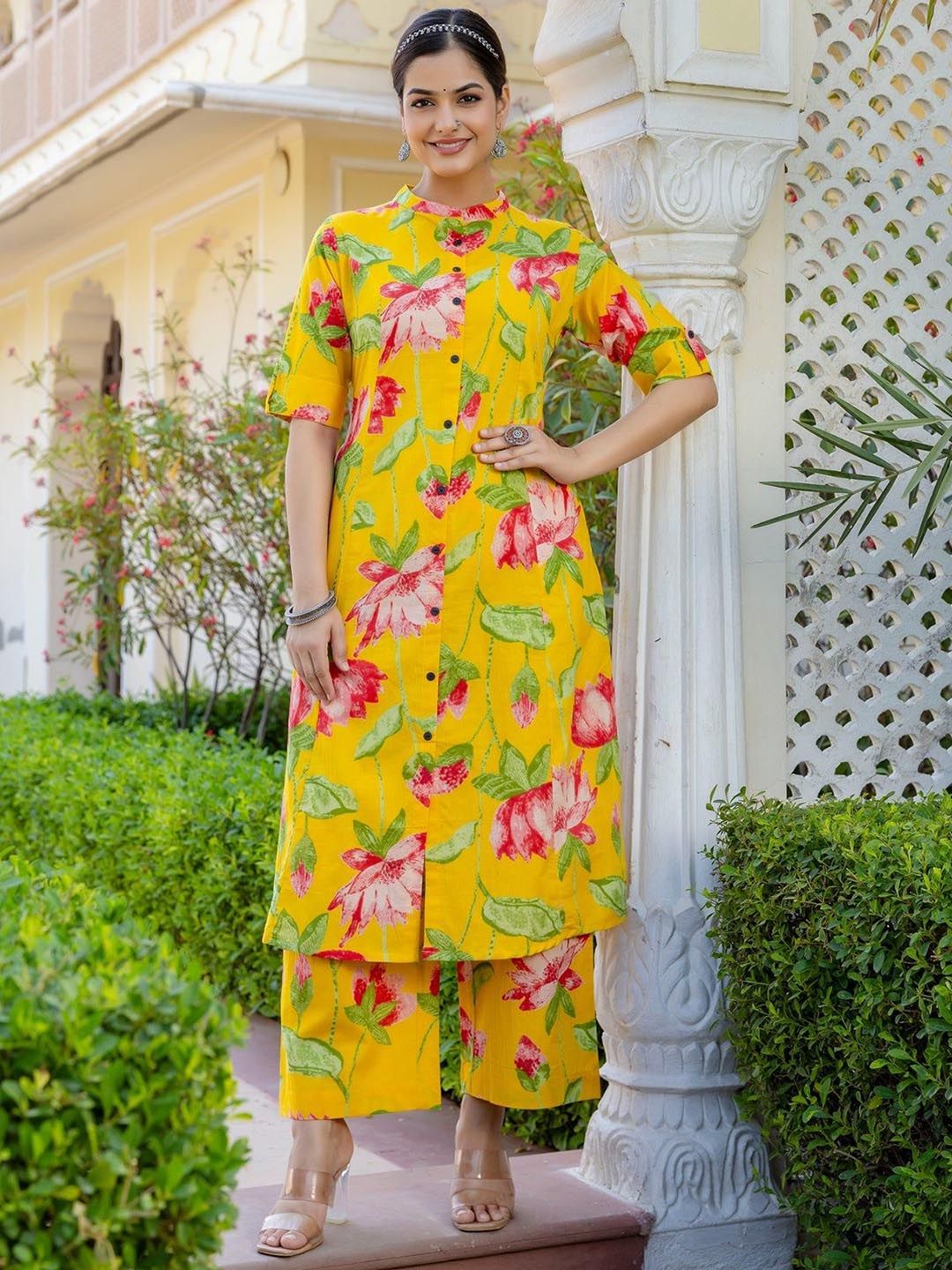 THE FAB FACTORY Floral Printed Mandarin Collar A-Line Kurta With Palazzos