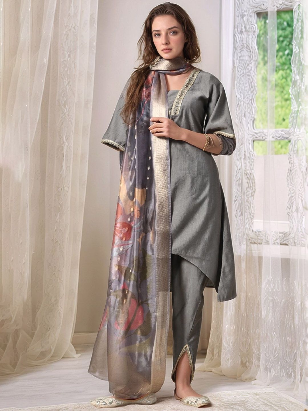 Sangria V-Neck A-Line Kurta With Dhoti Pants & Dupatta