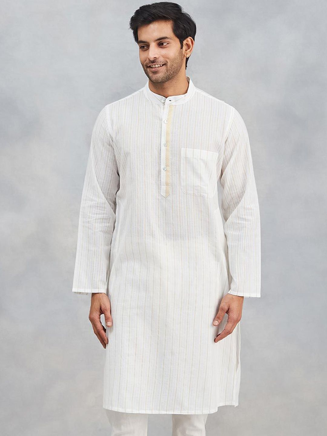 Fabindia Striped Woven Design Band Collar Straight Kurta-picture-54