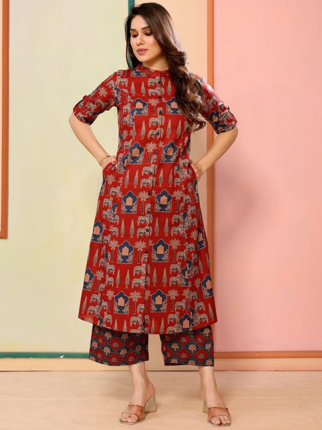 Charnest Ethnic Motifs Printed Mandarin Collar A-Line Kurta With Palazzos