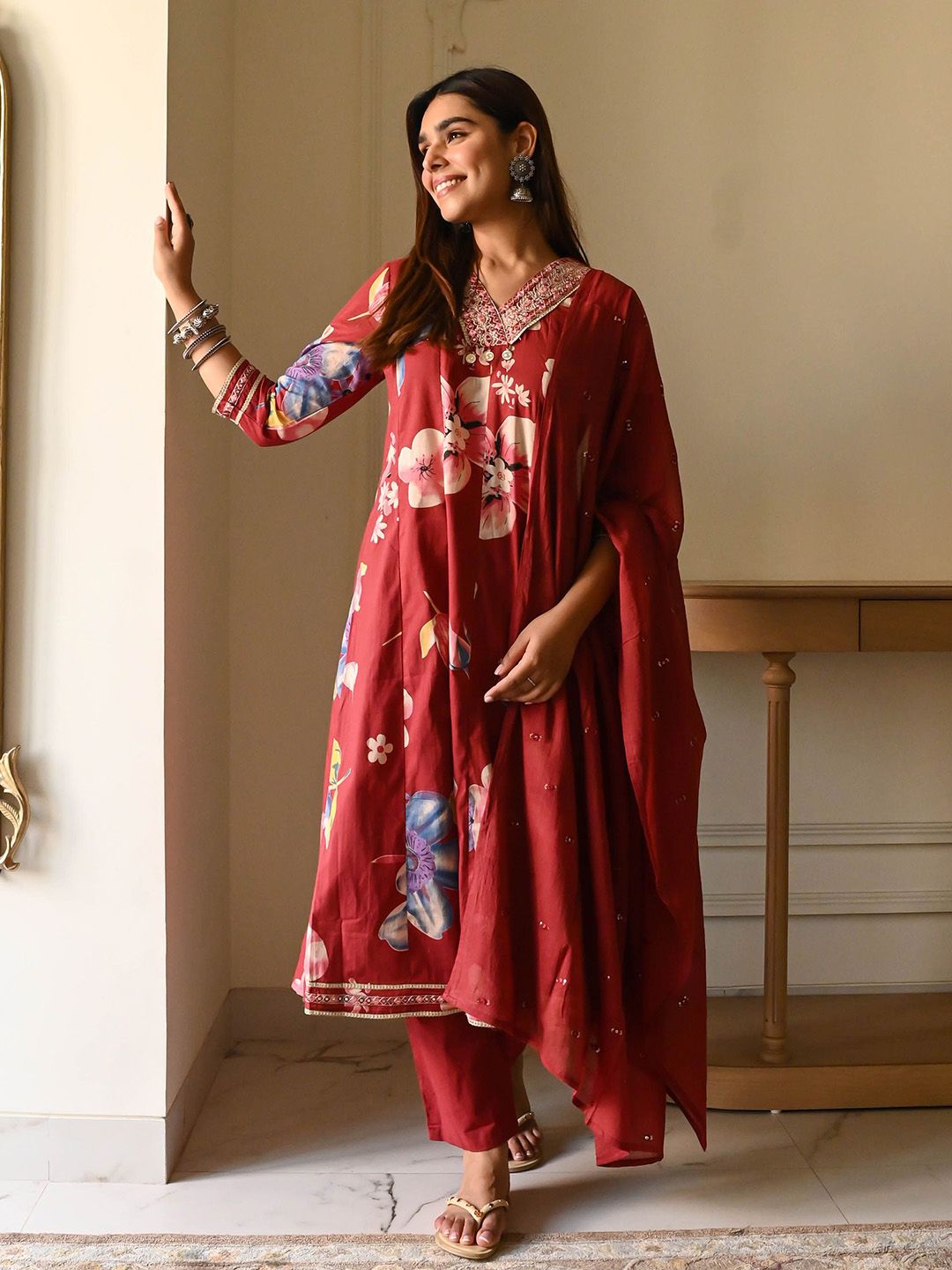 Bunaai Tanvi Floral Printed Mirror Work Panelled A-Line Kurta With Trousers & Dupatta