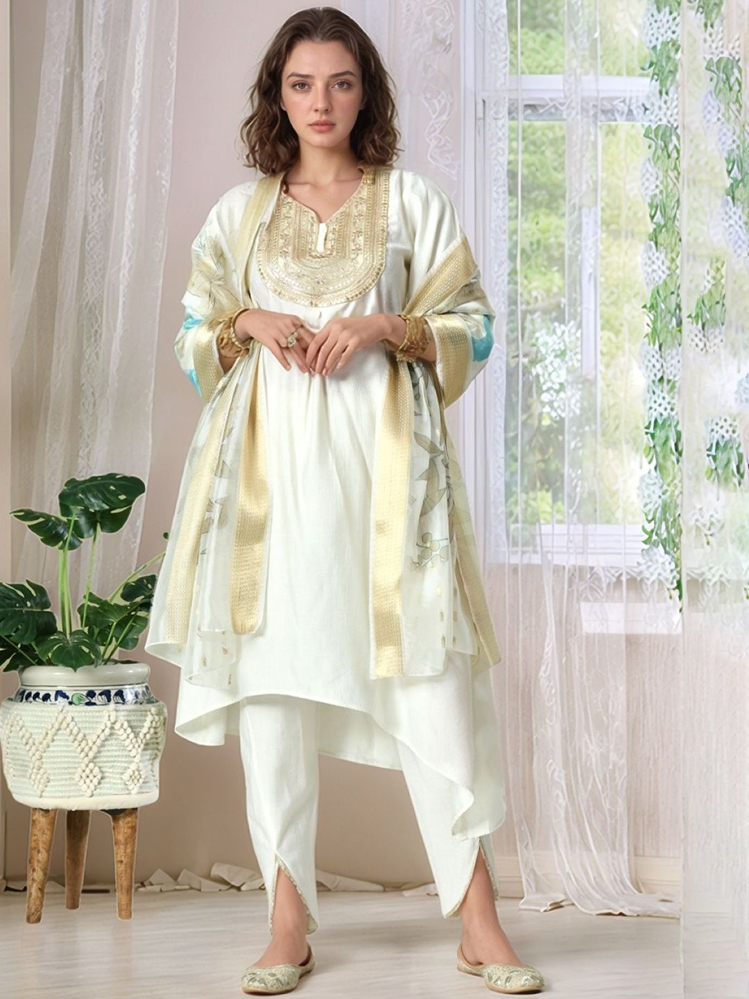 Sangria Yoke Design Sequinned V-Neck A-Line Kurta with Dhoti & Dupatta Set