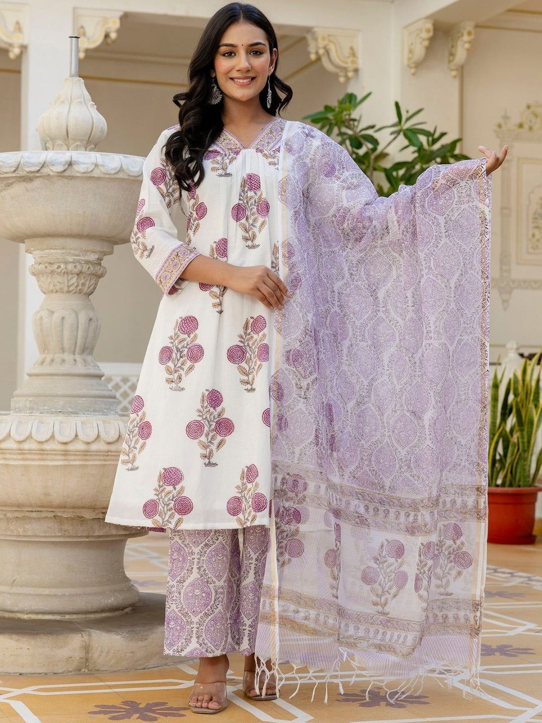 THE FAB FACTORY Women Ethnic Motifs Printed Pleated Kurta with Palazzos & With Dupatta