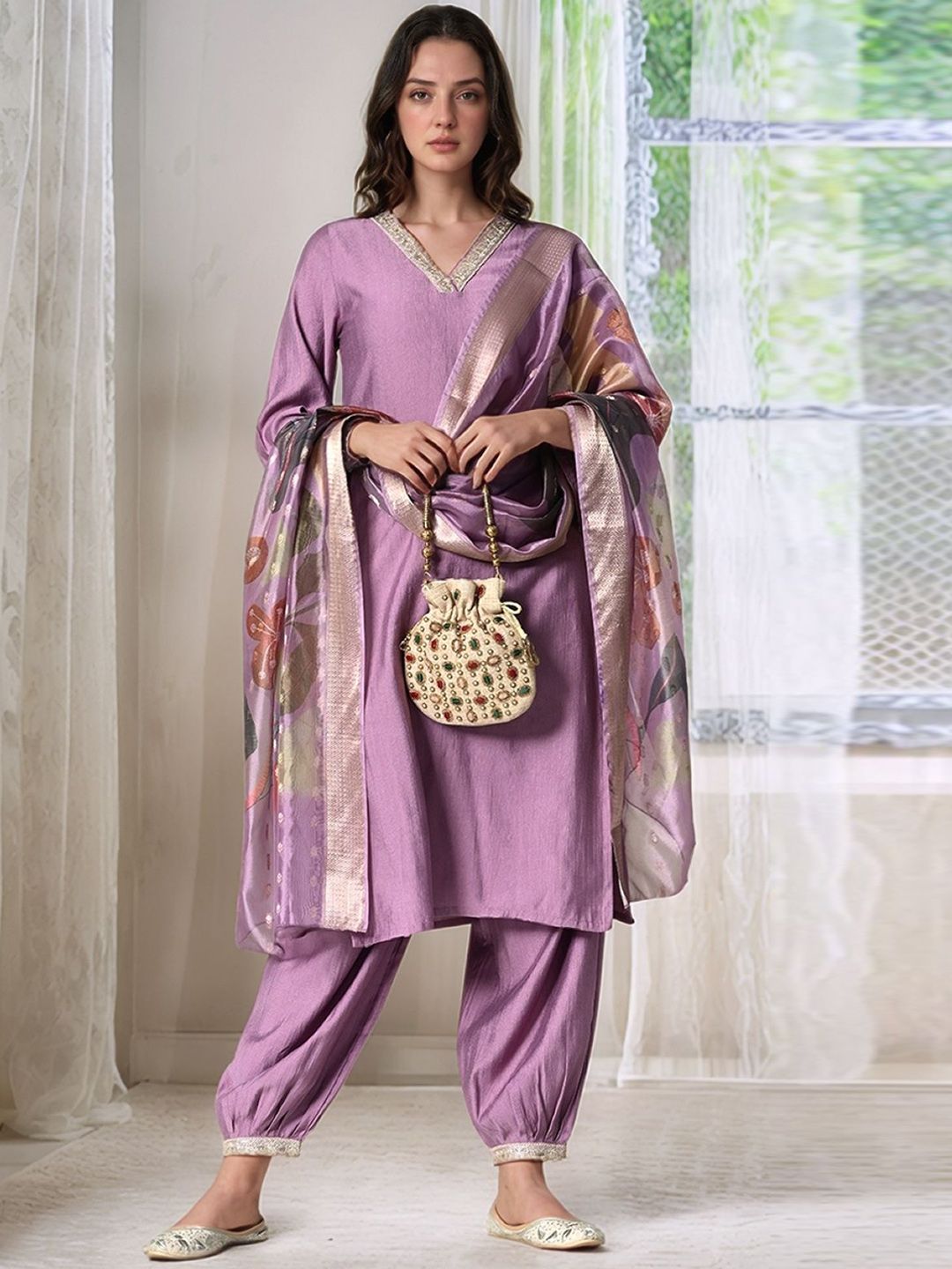 Sangria V-Neck Straight Kurta With Salwar & Dupatta