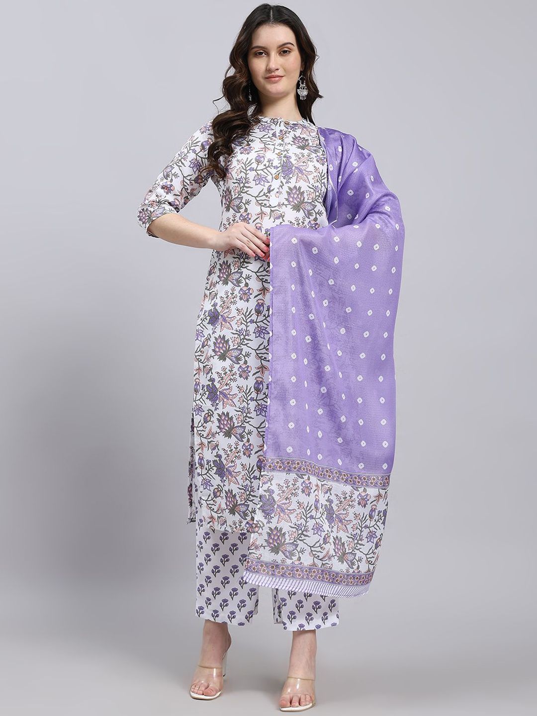 THE FAB FACTORY Floral Printed Band Collar Straight Kurta With Trousers & Dupatta-picture-19