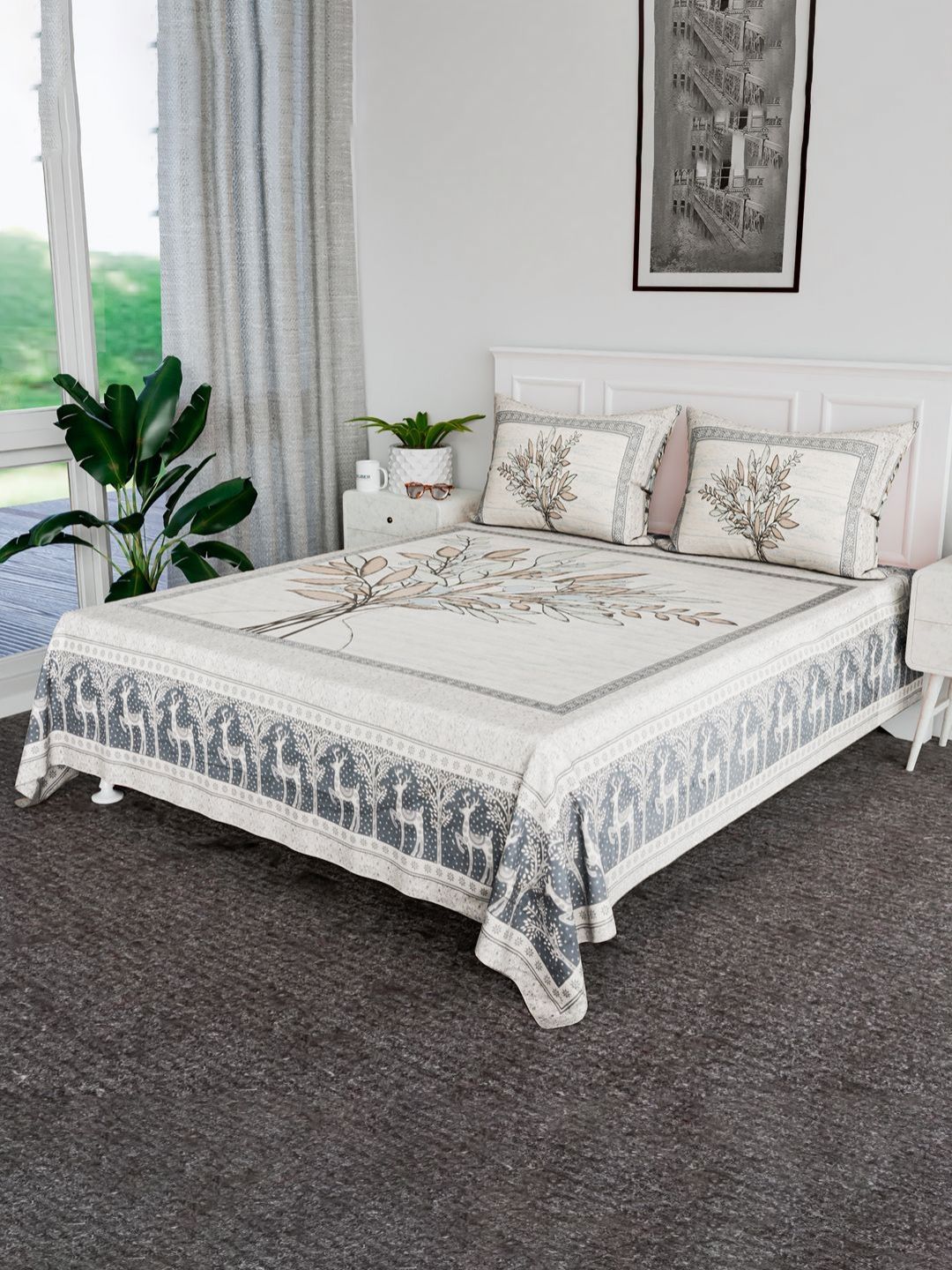 RUBOXA Beige & Blue Floral Printed Cotton 144 TC King Bedsheet Set-2.72 m x 2.55 m-picture-19
