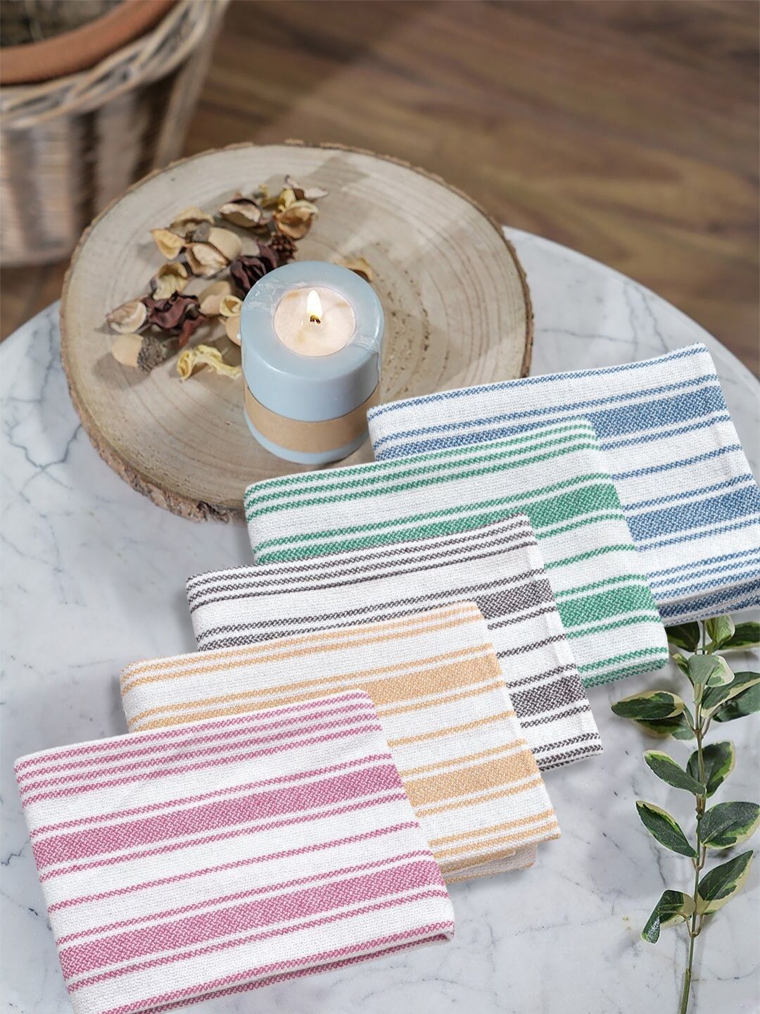 FABINALIV Set Of 5 Pink & White Striped 300 GSM Cotton Hand Towels-picture-9