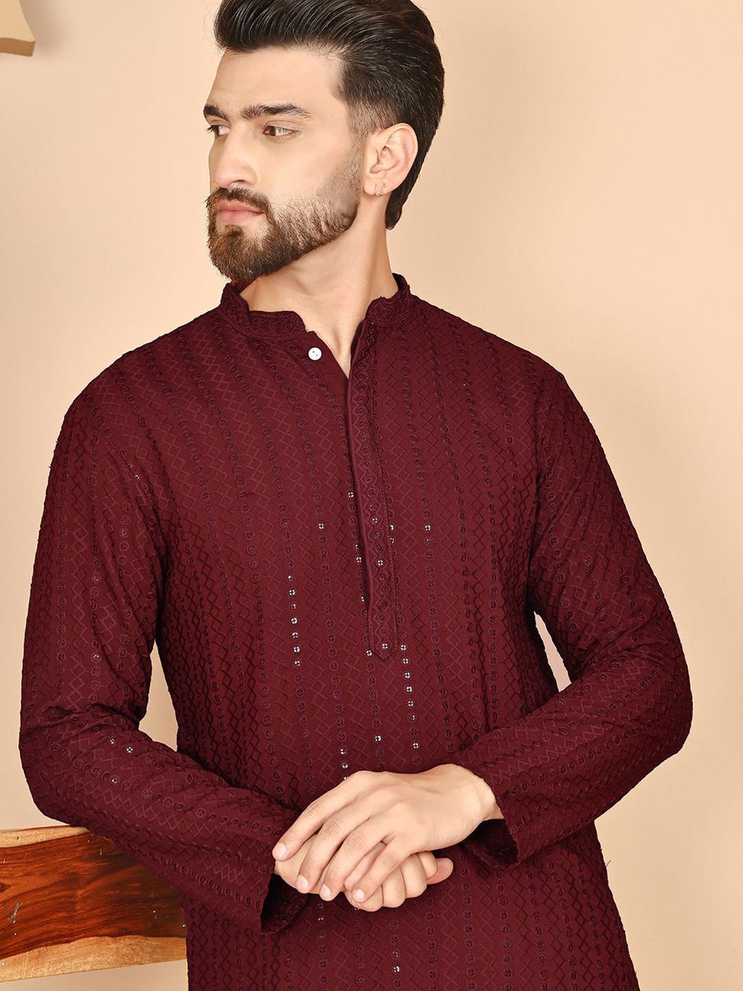 Anouk Men Geometric Embroidered Mandarin Collar Sequinned Kurta-picture-13