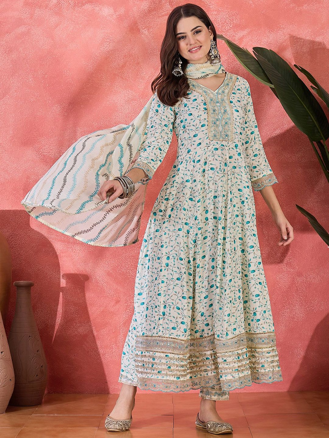 Sangria Floral Embroidered V-Neck Sequinned Anarkali Kurta With Trousers & Dupatta