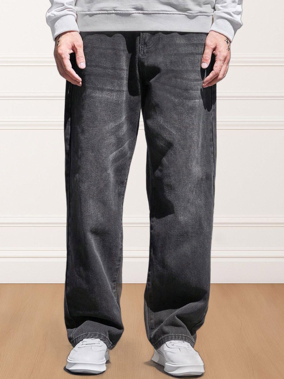 FUDE PRIDE Men Mid-Rise Light Fade Stretchable Denim Baggy Jeans-image-8