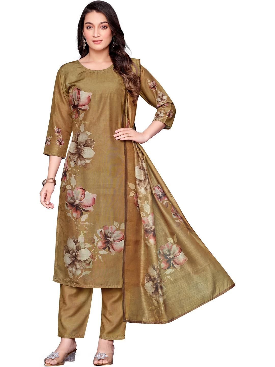 PARVOTSAV Women Floral Printed Empire Kurta with Trousers & With Dupatta