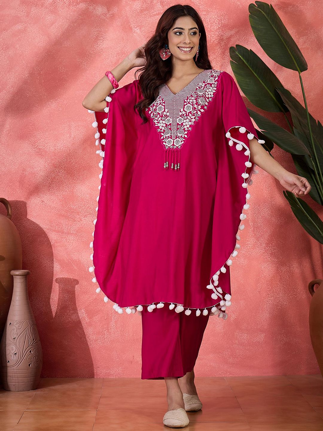 Sangria Embroidered V-Neck Mirror Work Kaftan With Trousers
