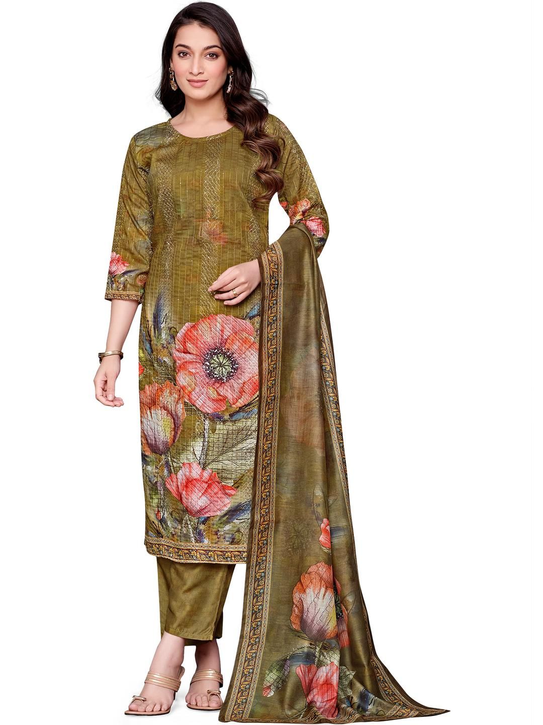 PARVOTSAV Green Women Floral Printed Empire Kurta with Trousers & With Dupatta