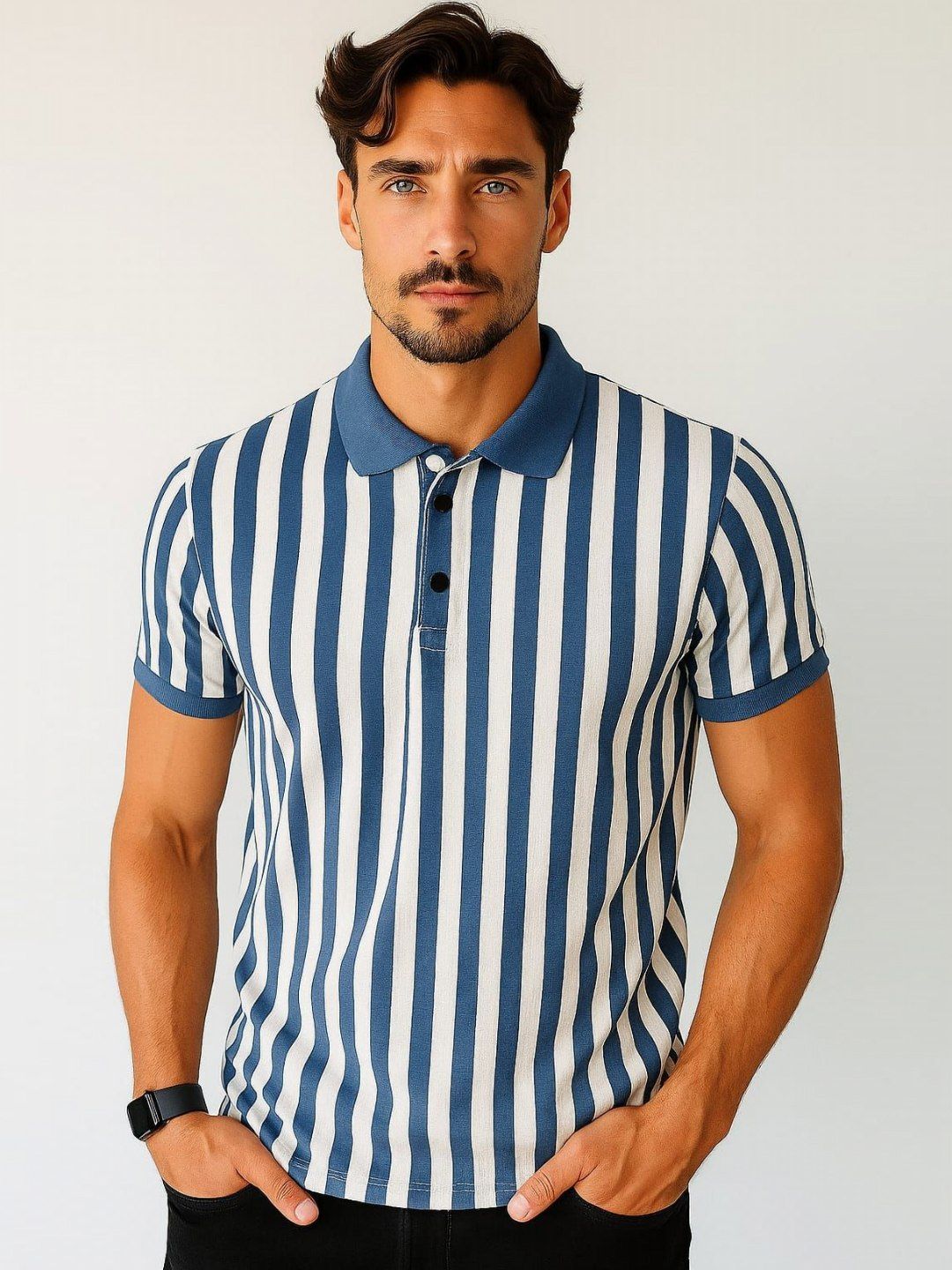 WILD ELEPHANT Men Striped Polo Collar Slim Fit T-shirt-picture-26