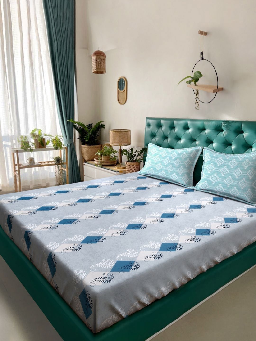 Myntra Elegant Homes Grey & White Floral Pure Cotton 400 TC King Bedsheet Set 2.5m x 2.25m-picture-11