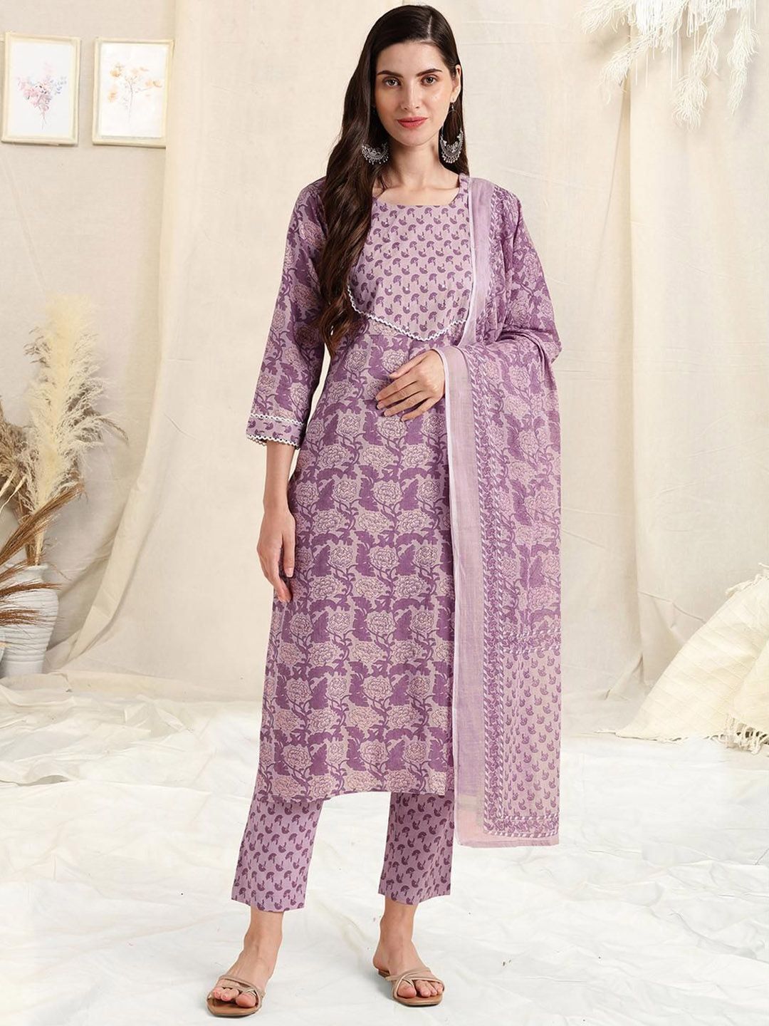 PARTHVI Women Ethnic Motifs Printed Regular Pure Cotton Kurta & Trousers & Dupatta