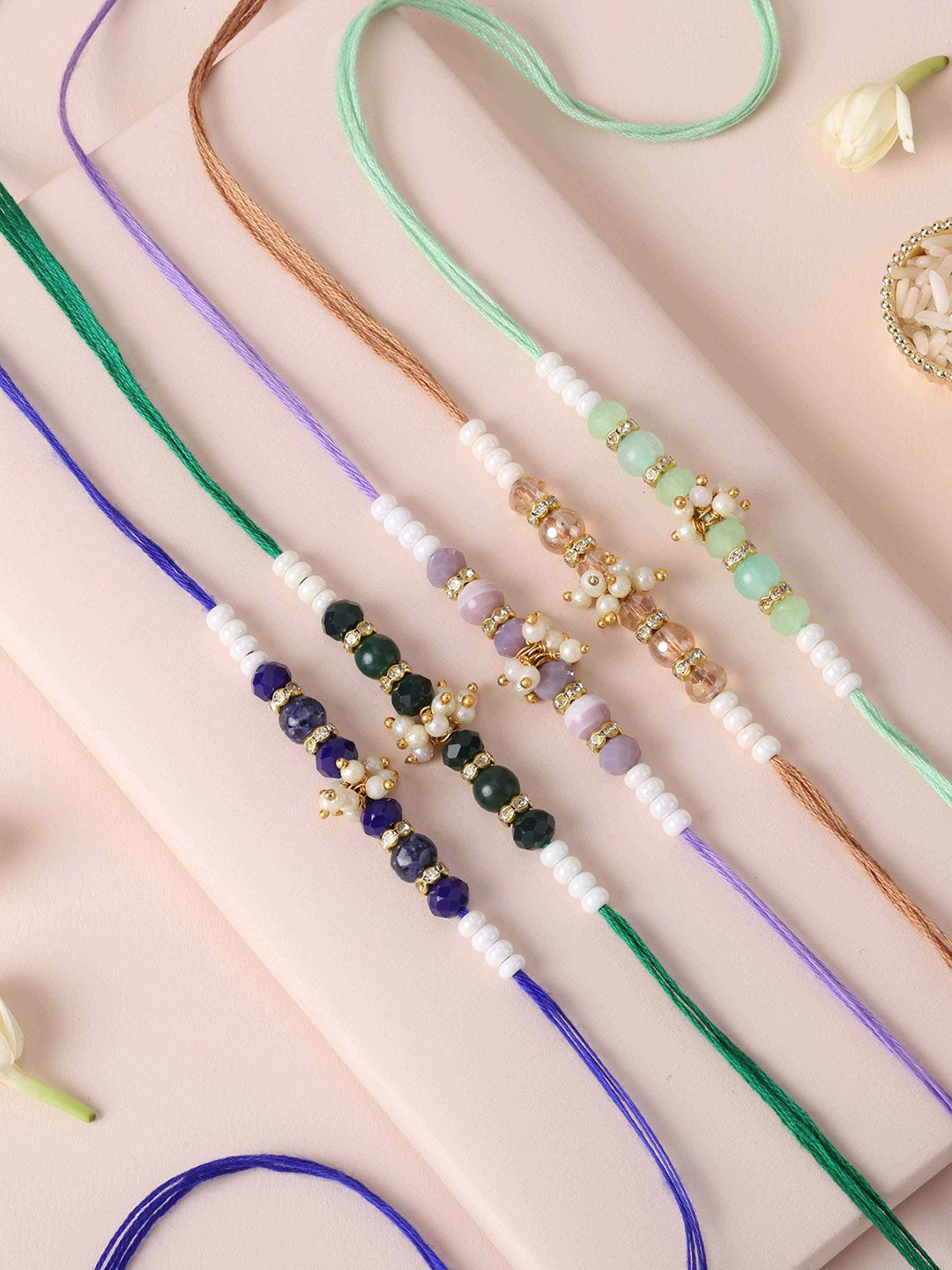 fnp Set Of 5 Artificial Stones Studded And Pearls Beaded Designer Charm Thread Rakhi-picture-30