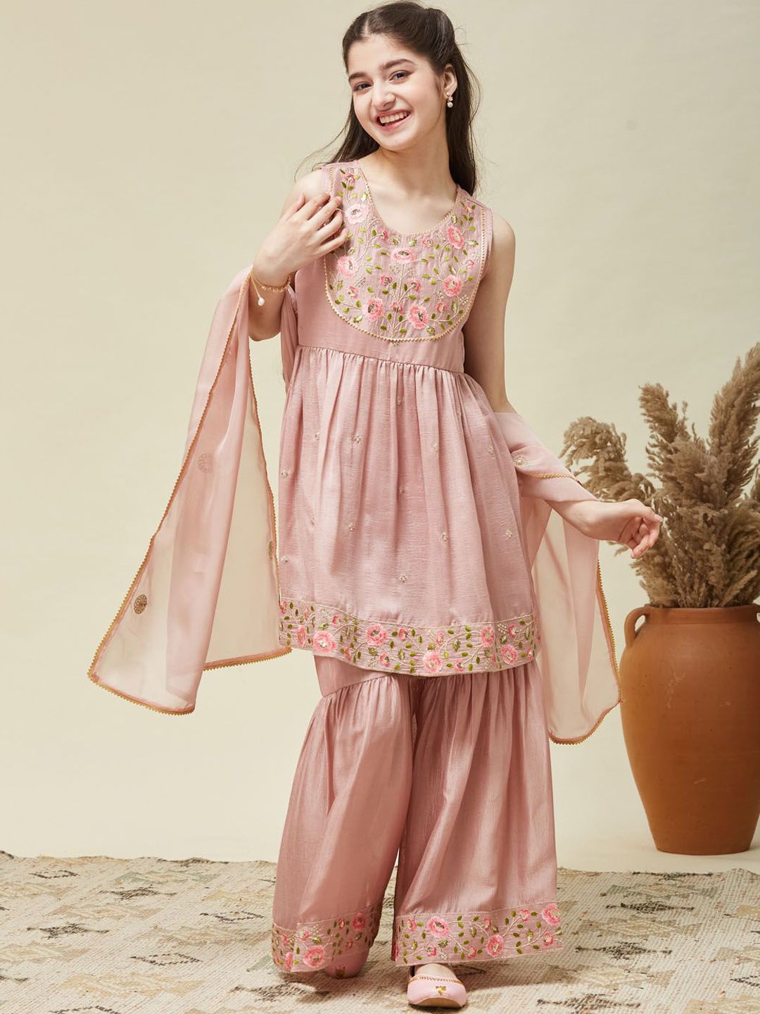 CurlyTales Girls Woven Design Embroidered Kurta with Sharara & Dupatta-picture-35