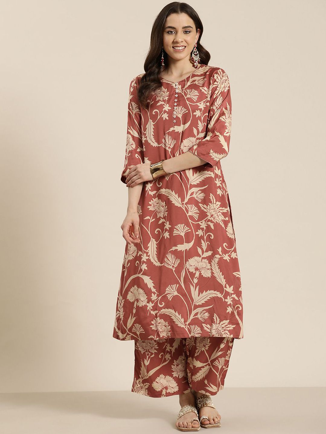 HERE&NOW Women Floral Printed Regular Linen Kurta with Palazzos