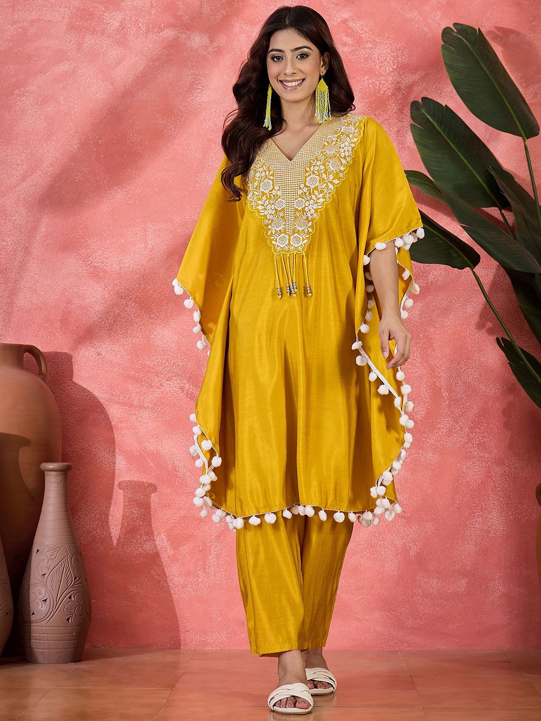 Sangria Women Embroidered V-Neck Mirror Work Kaftan With Trousers