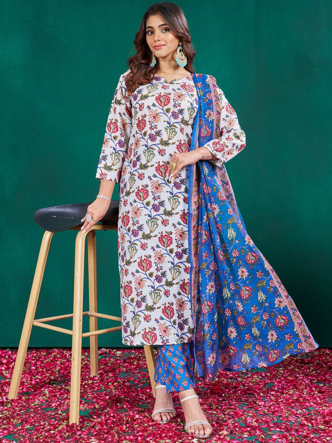 devkison Designer Women Floral Printed Kurta with Churidar & Dupatta