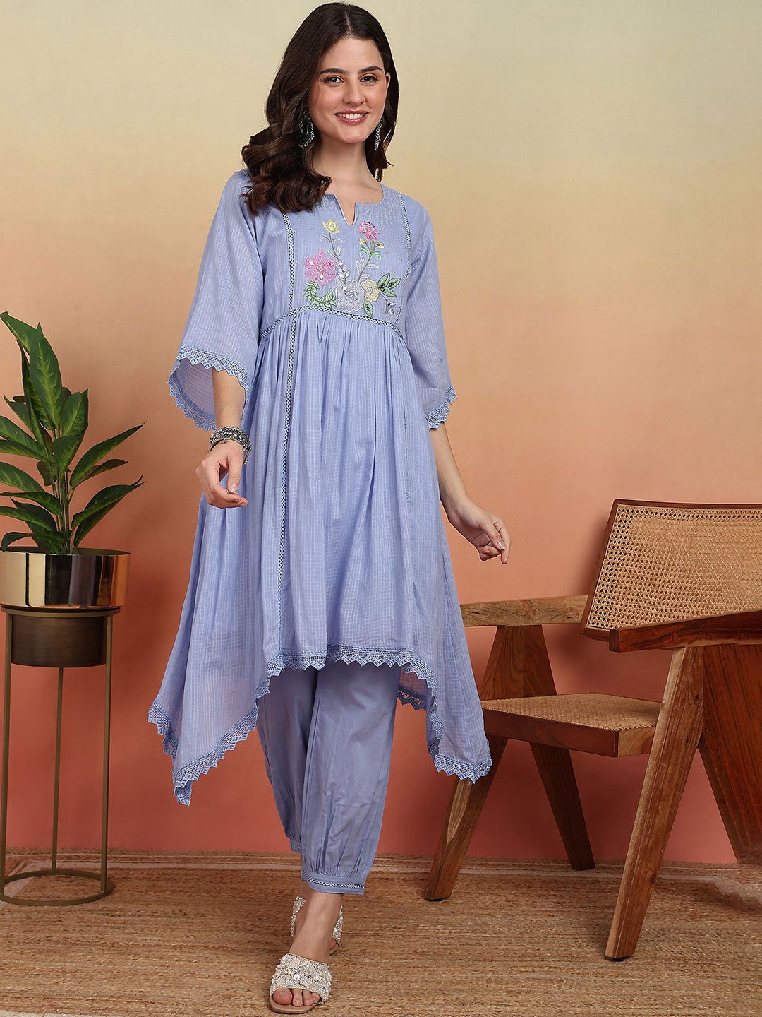 Sangria Floral Embroidered Notch-Neck Thread Work A-Line Kurta With Patiala