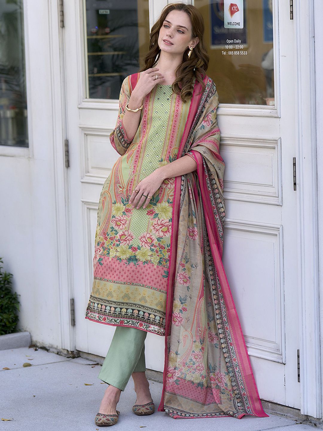 PEENGAX Floral Embroidered Round Neck Mirror Work Kurta With Trousers & Dupatta
