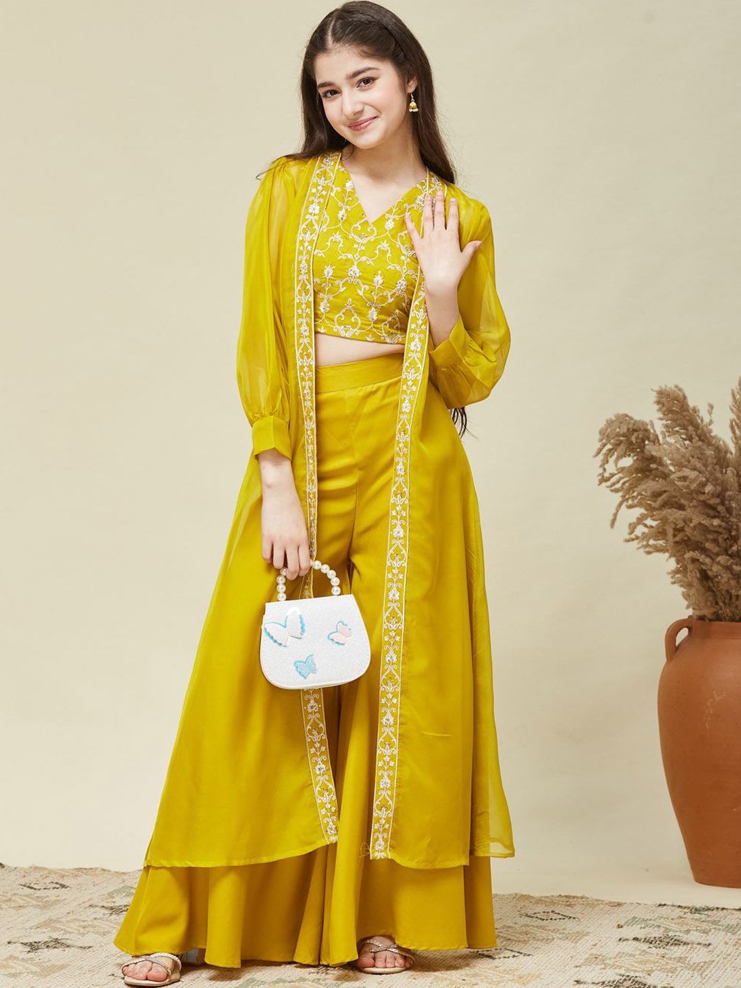 CurlyTales Girls Woven Design Embroidered Kurta with Palazzo & Jacket-picture-51