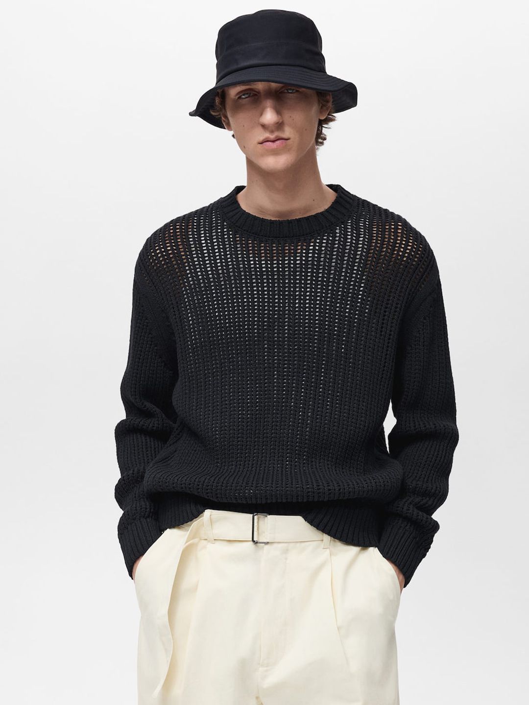 MANGO MAN Open-Knit Pure Cotton Drop-Sleeves Pullover-image-34