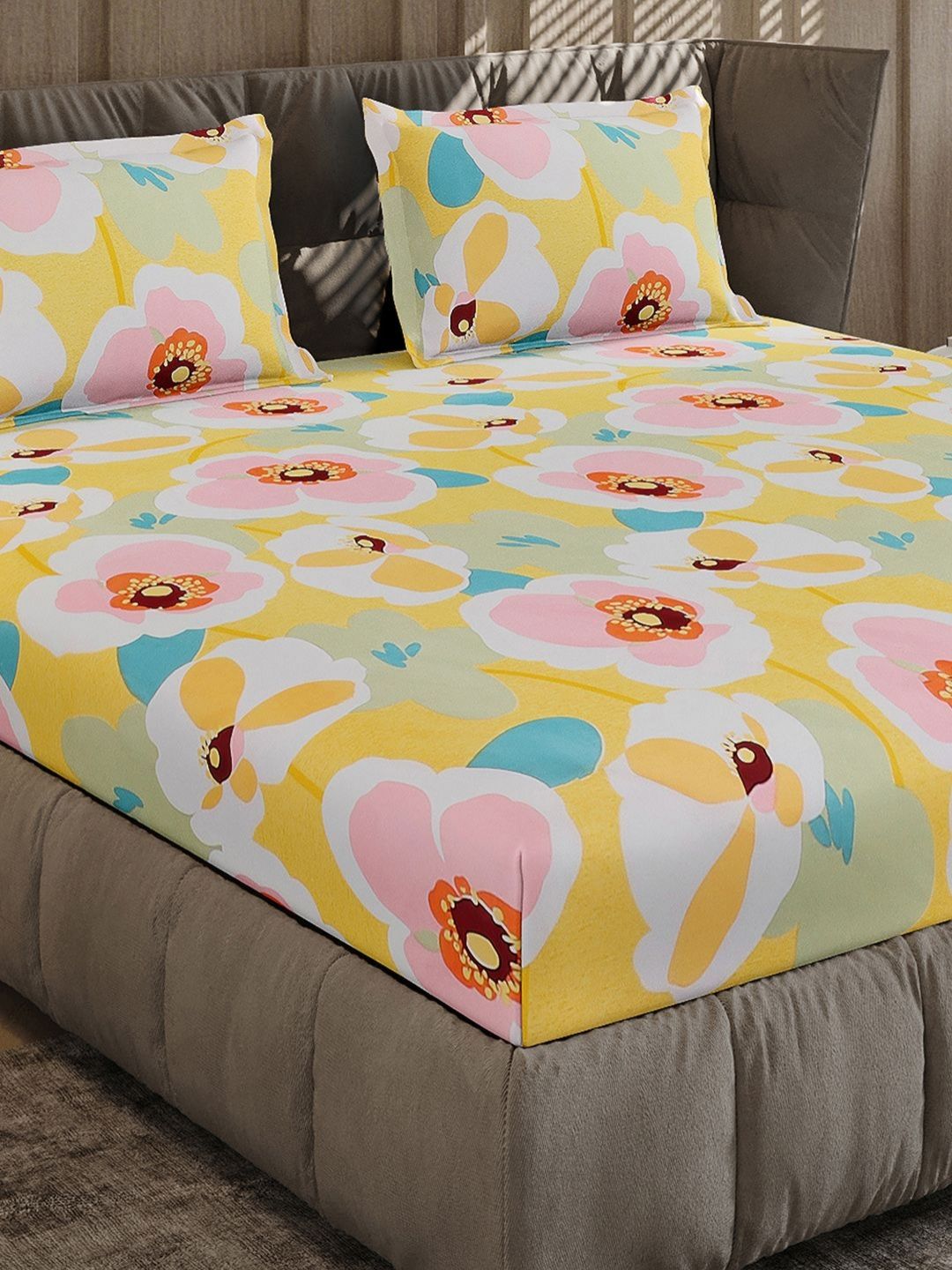 Moca By Monte Carlo Yellow & Pink Floral 120 TC Queen Bedsheet Set 2.24m x 2.54m-picture-40