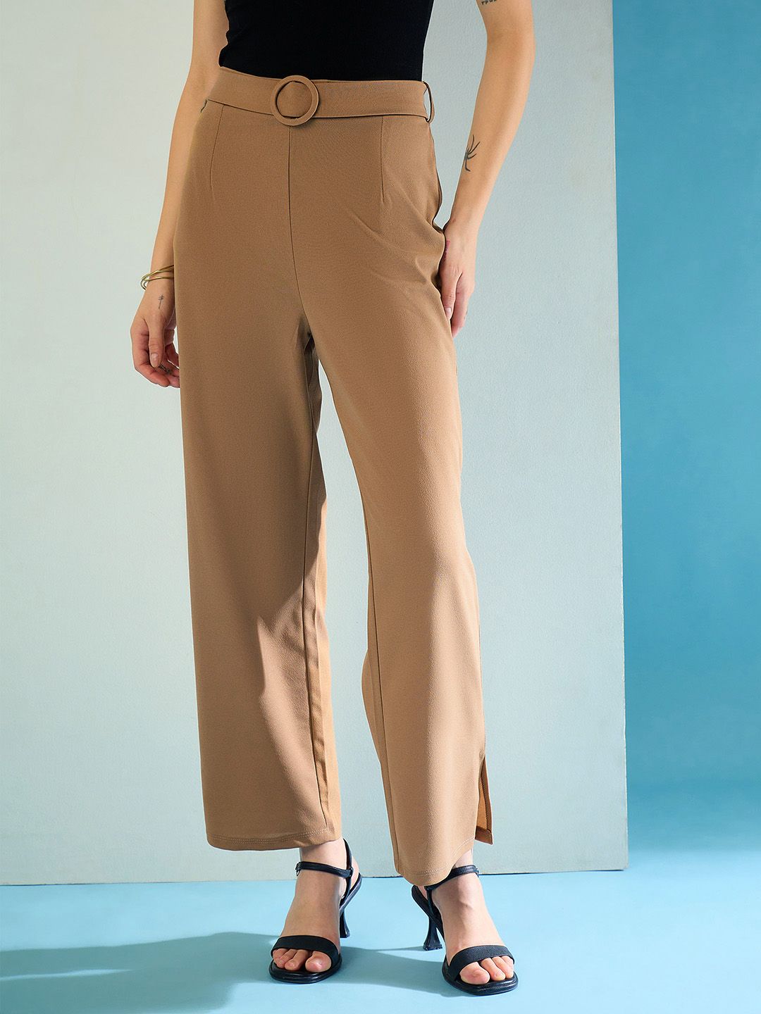 CORSICA Women Mid-Rise Flared Fit Parallel Trousers with Belted Detail-picture-35