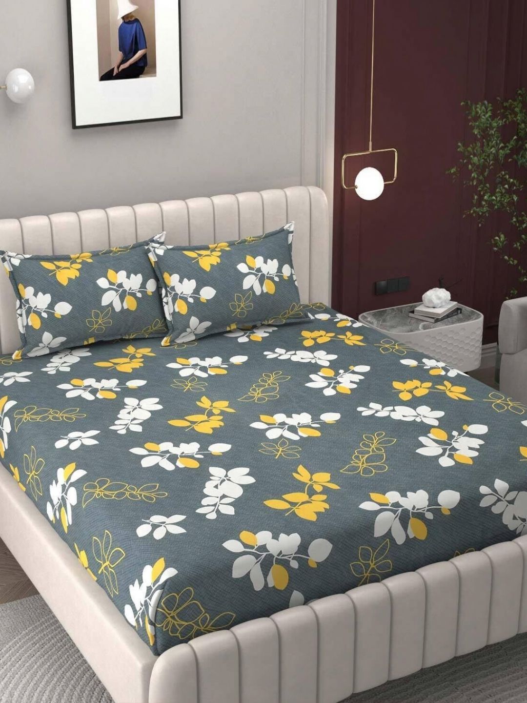 Aura Grey & Beige Floral Printed 300 TC Fitted 2 Double King Bedsheet Set-1.82mx1.98m-picture-35
