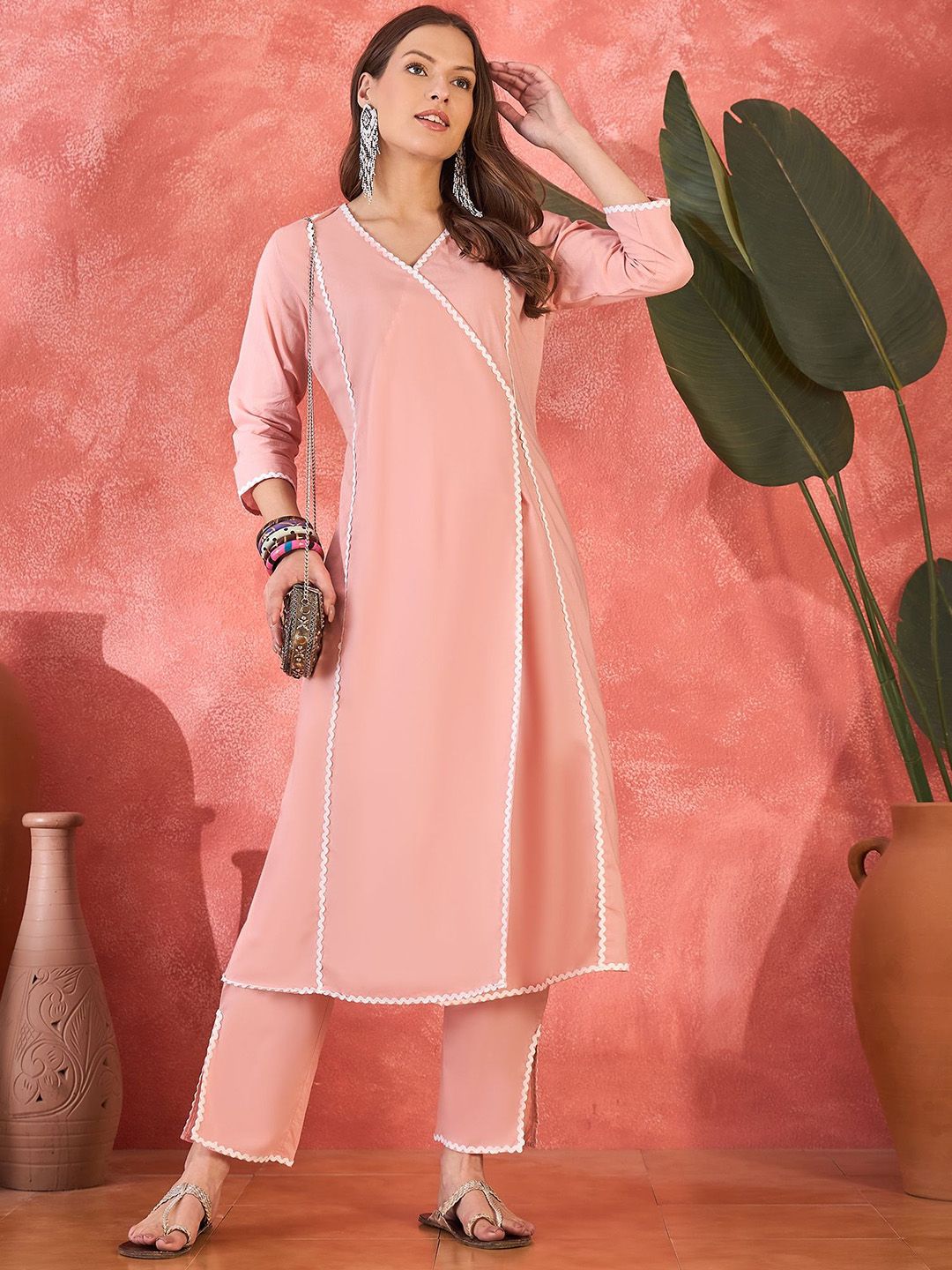 Sangria Women Solid Cotton Kurta with Trousers
