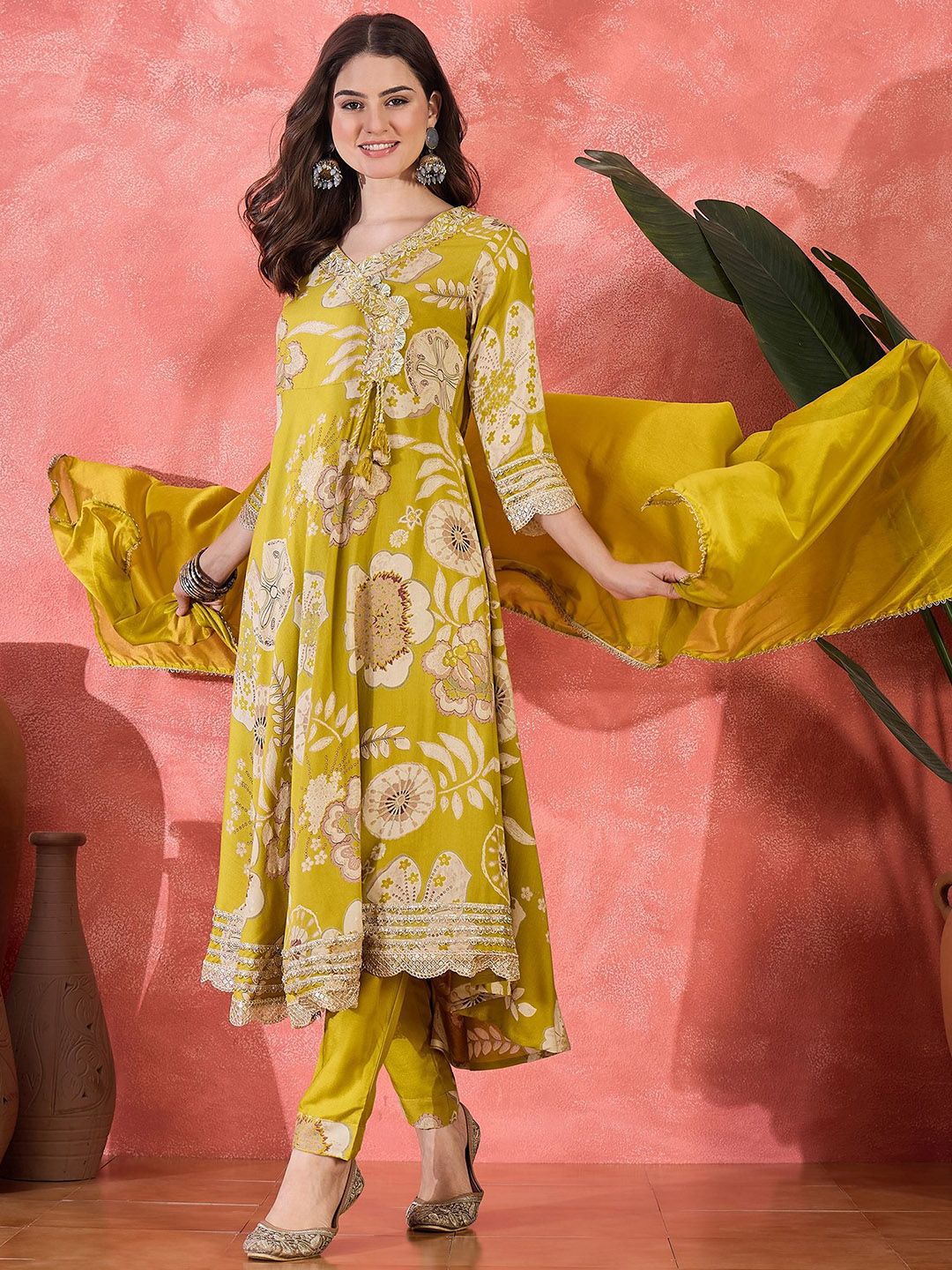 Sangria Women Floral Printed With Embroidered Angrakha Kurta With Trousers & Dupatta