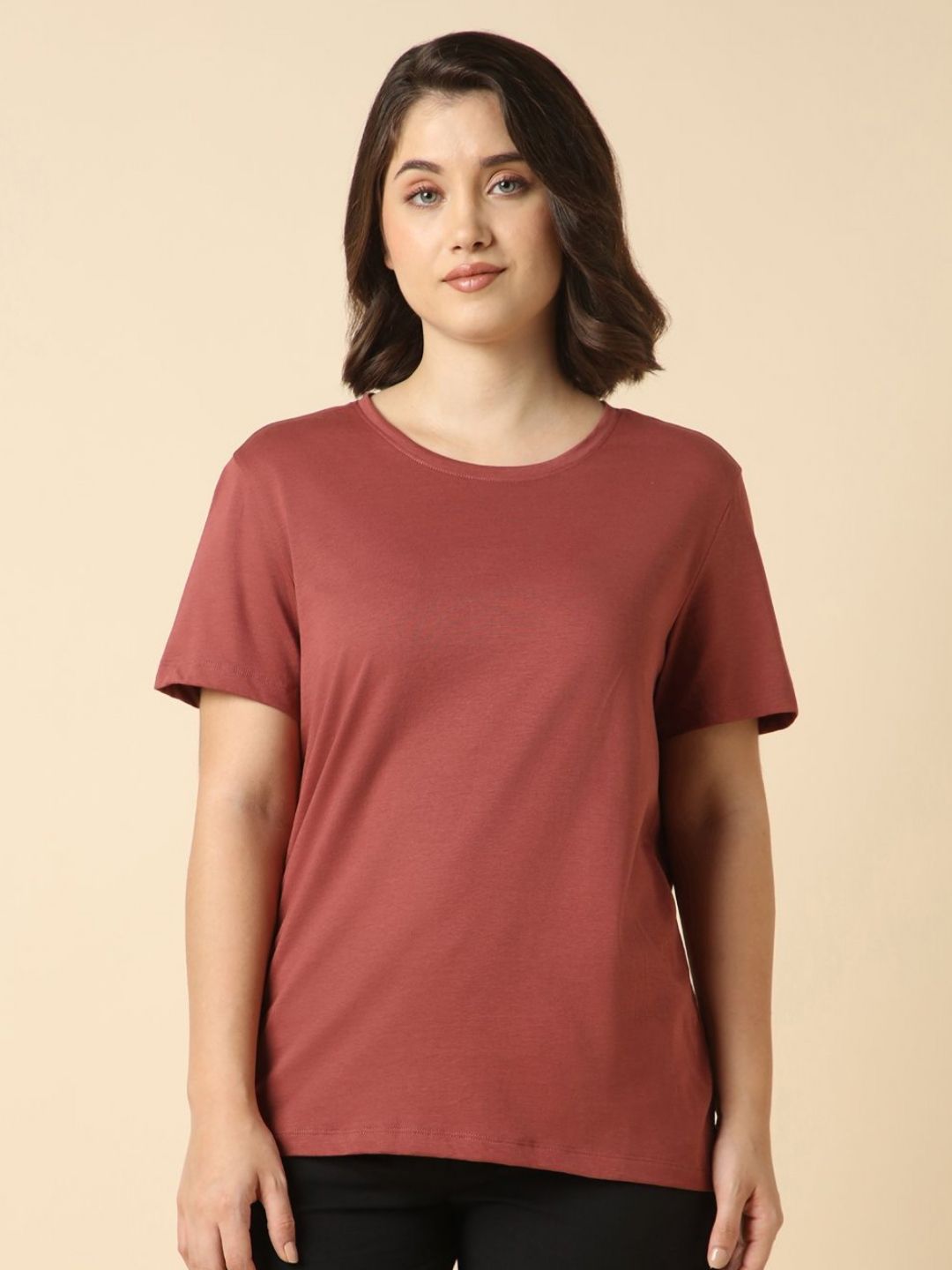 Van Heusen Women Solid Round Neck Pure Cotton Relaxed Fit T-shirt-picture-11