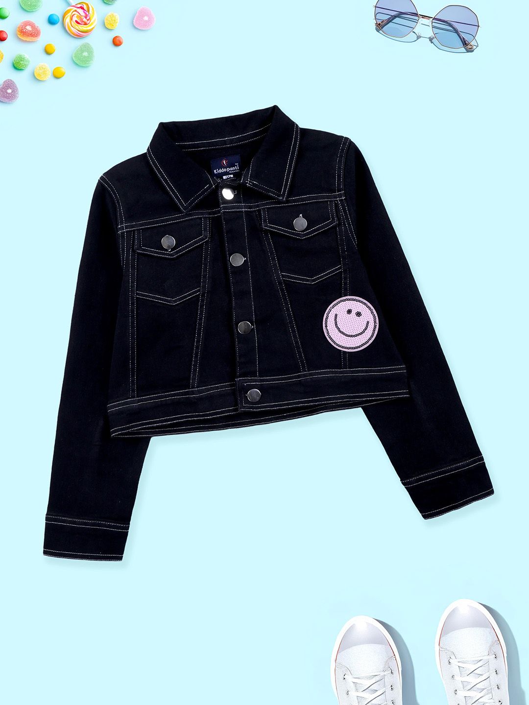 KiddoPanti Girls Self Design Lightweight Crop Denim Jacket With Smiley Patchwork-picture-10