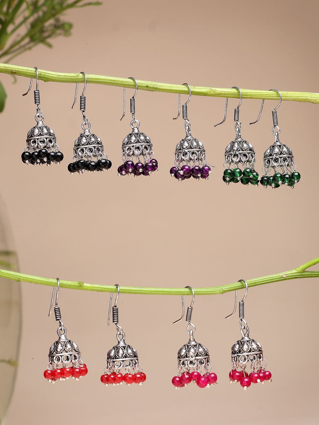 Sangria Set Of 5 German Silver Plated Artificial Beaded Oxidised Dome Shaped Jhumkas-picture-22