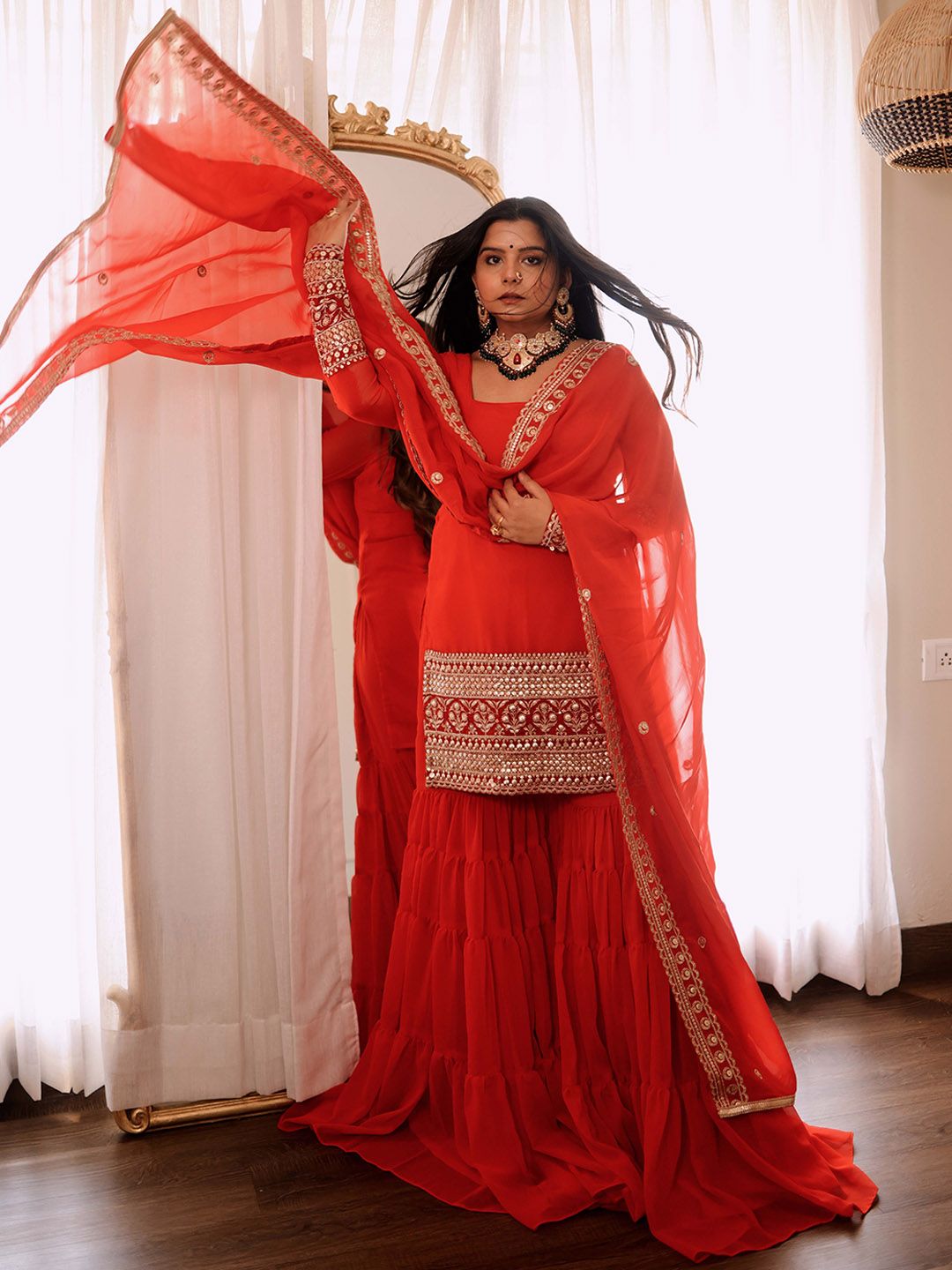 SHREE LAXMINARAYAN EXPORT Women Solid Embroidered Kurta with Sharara & Dupatta