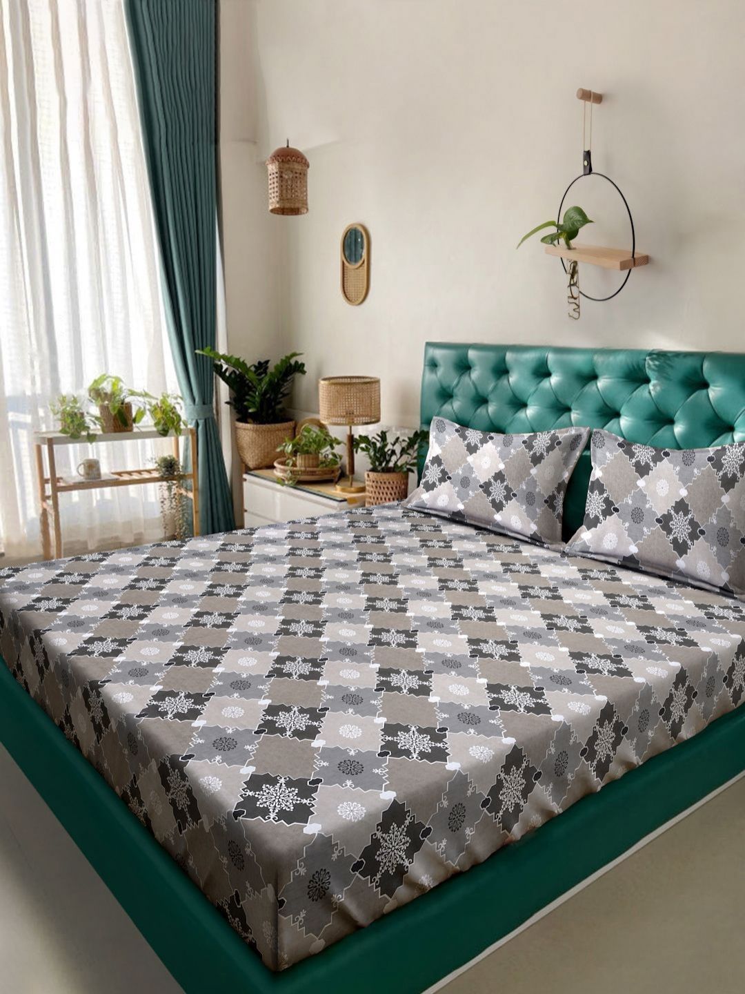 Myntra Elegant Homes Grey & White Floral Pure Cotton 400 TC King Bedsheet Set 2.5m x 2.25m-picture-13